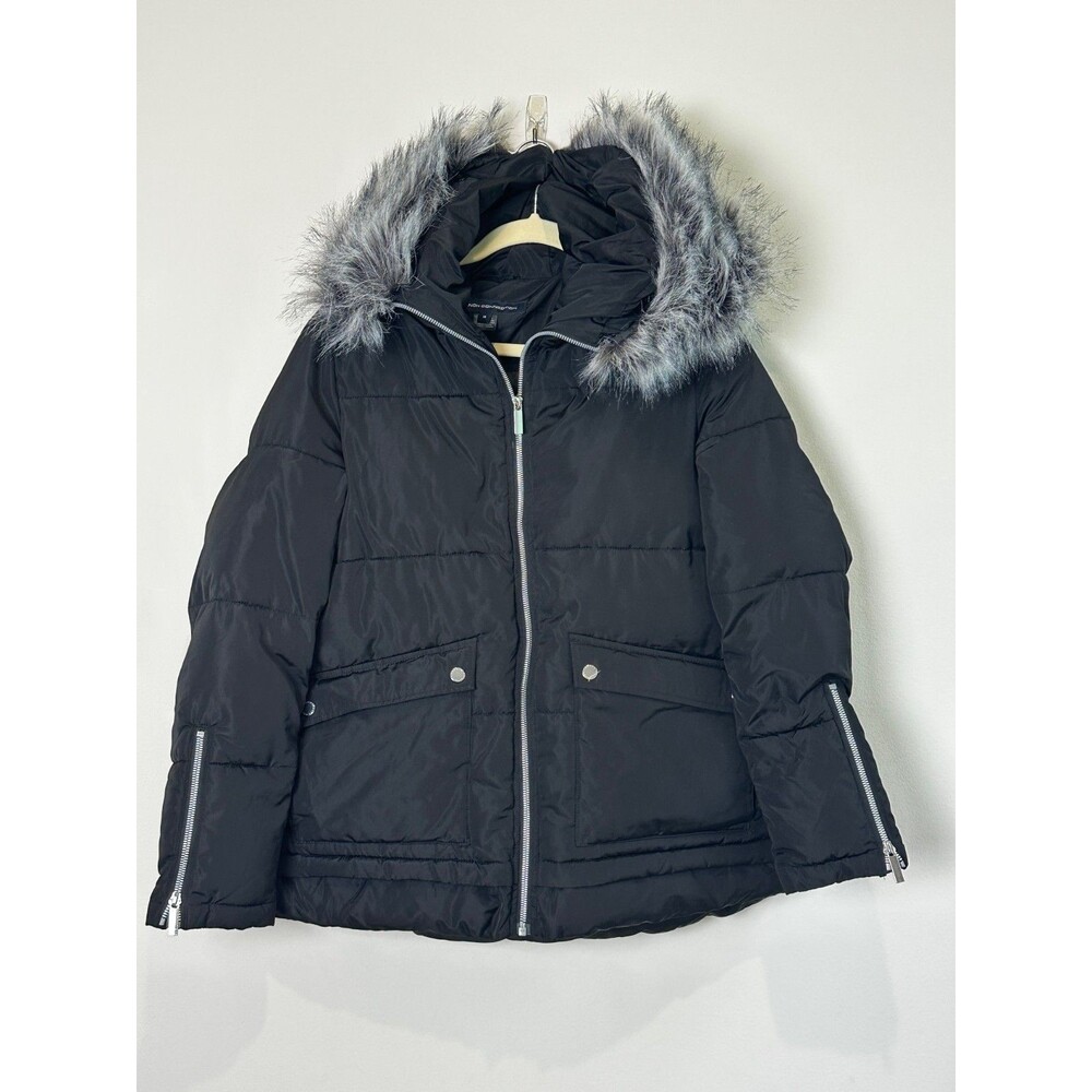 French Connection Black Hooded Puffer Jacket Womens Sz M Winter Insulated Warm